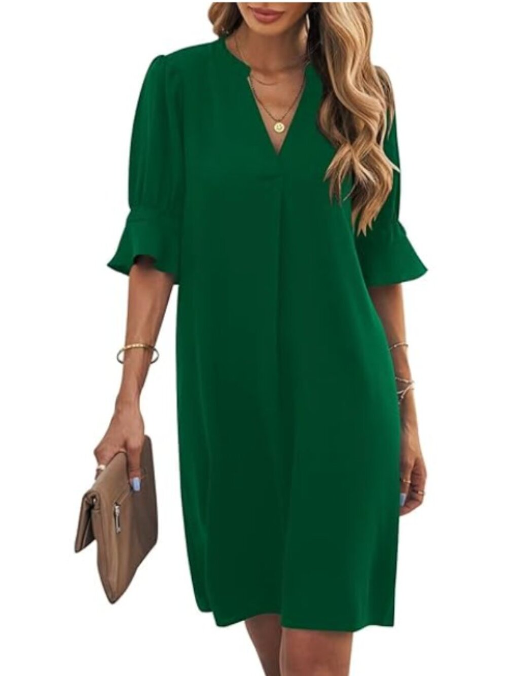 Emerald Green Shift Dress Size Large Ruffle Sleeve V-Neck Career Wedding Guest